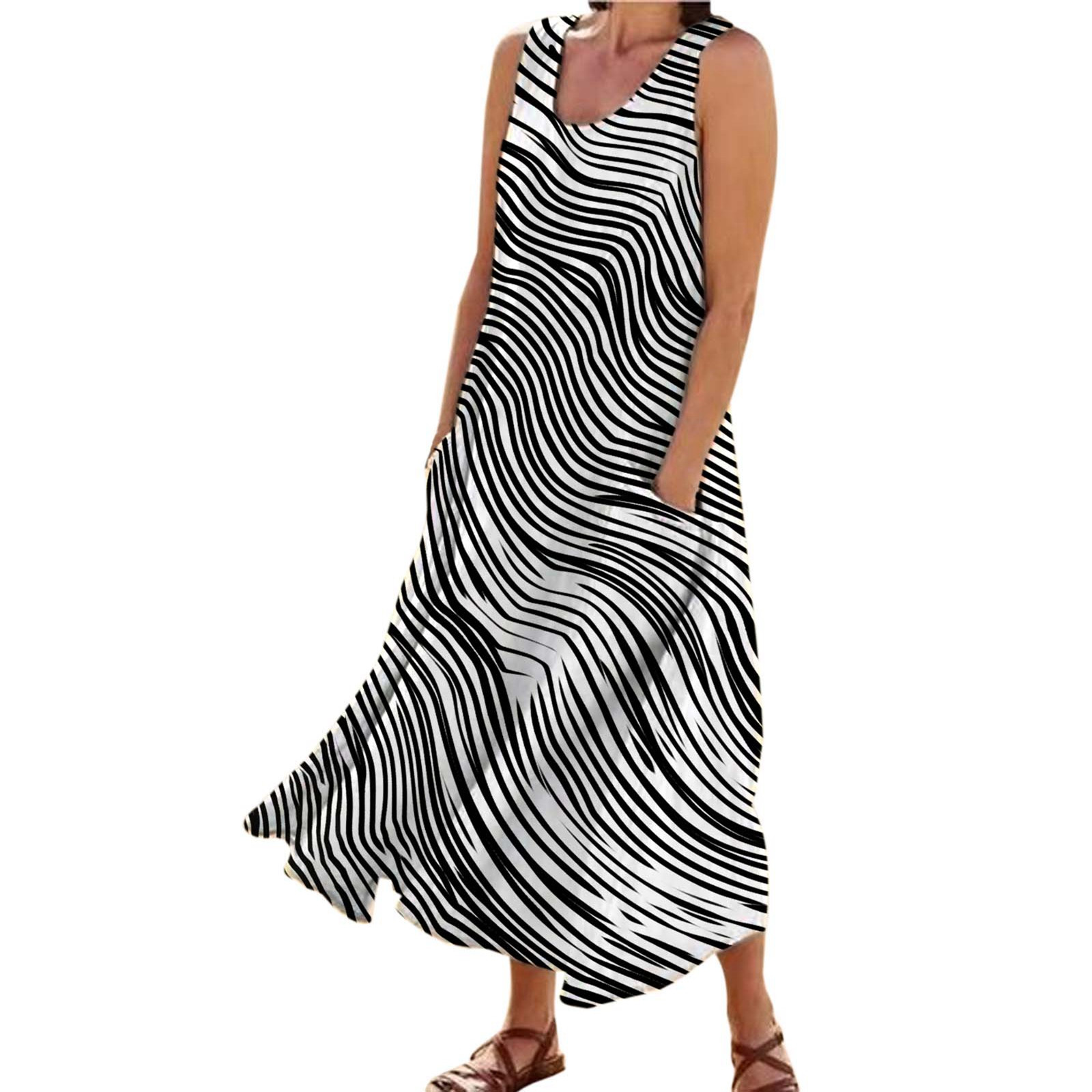 thumbnail image 1 of Vestido informal largo de verano con cuello redondo y rayas degradadas para mujer, 1 of 6